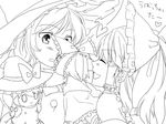  akanasu blush bow character_doll closed_eyes greyscale hair_bow hair_tubes hakurei_reimu hat heart kirisame_marisa kiss monochrome multiple_girls open_mouth smile touhou translated witch_hat yuri 