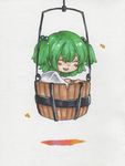  blush bucket closed_eyes green_hair hair_bobbles hair_ornament in_bucket in_container kisume ponpoko short_hair smile solo touhou twintails wooden_bucket 
