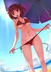  beach beach_umbrella bikini breasts cloud collarbone day fisheye from_below front-tie_top hair_ribbon kakuno large_breasts looking_at_viewer mouth_hold navel original outdoors red_eyes red_hair ribbon short_hair side-tie_bikini sky smile solo sun swimsuit tan tanline twintails umbrella untied wet 