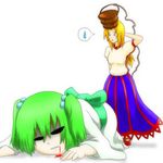  bad_id bad_pixiv_id blonde_hair blood blood_in_mouth bucket don9899 green_hair hair_bobbles hair_ornament horn hoshiguma_yuugi kisume long_hair long_sleeves multiple_girls puffy_sleeves short_hair short_sleeves standing touhou twintails white_background wooden_bucket 