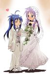  :3 ahoge blue_hair bouquet bride dress flower formal hiiragi_kagami izumi_konata lucky_star maitake_(kinokonabe_hinanjo) mole mole_under_eye multiple_girls pant_suit purple_hair suit tuxedo wedding wedding_dress wife_and_wife yuri 