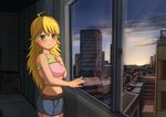  ahoge blonde_hair blush building camisole city green_eyes hoshii_miki idolmaster idolmaster_(classic) idolmaster_1 long_hair maruwa_tarou midriff skirt solo sunset window 