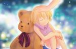  blonde_hair closed_eyes higurashi_no_naku_koro_ni houjou_satoko out_of_frame petting puda-party solo_focus stuffed_animal stuffed_toy teddy_bear 