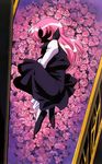  90s artist_request black_dress coffin dress fetal_position flower full_body pink_flower pink_hair pink_rose plantar_flexion rose shoujo_kakumei_utena solo tenjou_utena 