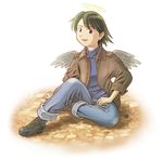  aaru_sentou_shuudan androgynous angel_wings boots brown_hair denim haibane_renmei halo jacket jeans kana_(haibane_renmei) pants reverse_trap short_hair smile solo wings 