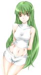  bangs bare_shoulders c.c. code_geass green_hair long_hair midriff navel prime short_shorts shorts sleeveless sleeveless_turtleneck solo thigh_gap turtleneck unbuttoned very_long_hair 