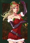  alternate_costume arm_up bare_shoulders bell belt black_gloves black_legwear blonde_hair blue_eyes border breast_hold breasts christmas cleavage covered_navel dated dress earrings elbow_gloves final_fantasy final_fantasy_iv gloves hair_bell hair_ornament high_ponytail holding holding_bell holding_mistletoe holly jewelry jingle_bell large_breasts light_particles lipstick long_hair looking_at_viewer loose_belt makeup mistletoe ponytail rebecca_gunter red_skirt rosa_farrell santa_costume short_dress signature sketch skirt smile solo standing star strapless strapless_dress taut_clothes taut_dress thighhighs zettai_ryouiki 