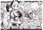  absurdres animal_ears bunny_ears greyscale hat highres houraisan_kaguya inaba_tewi long_hair monochrome multiple_girls nobita reisen_udongein_inaba ribbon short_hair sketch touhou traditional_media yagokoro_eirin 