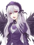  black_wings dress eguchi_kaimu gothic_lolita hairband hat lolita_fashion long_hair lowres pale_skin purple_eyes ribbon rozen_maiden silver_hair solo suigintou wings 