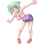  :d armpits bent_over blue_eyes breasts camisole downblouse eyebrows eyebrows_visible_through_hair full_body green_hair koppamu large_breasts looking_at_viewer open_mouth original outstretched_arms shoes short_hair shorts smile sneakers solo spread_arms standing 