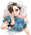  artist_request bracelet brown_eyes brown_hair bun_cover china_dress chinese_clothes chun-li double_bun dress jewelry one_eye_closed sash solo spiked_bracelet spikes street_fighter 