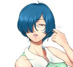  blue_hair copyright_request glasses hair_over_one_eye hair_tousle hair_twirling hairu lips mole mole_under_mouth rimless_eyewear short_hair solo 