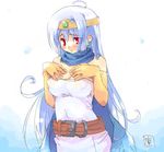  artist_request belt blue_hair blue_scarf blush breasts circlet cleavage covered_nipples dragon_quest dragon_quest_iii elbow_gloves gloves long_hair medium_breasts red_eyes sage_(dq3) scarf solo very_long_hair yellow_gloves 
