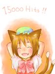 ^_^ animal_ears brown_hair cat_ears cat_tail chen closed_eyes earrings fang hat hits jewelry multiple_tails short_hair solo tail takanashi_minato touhou 