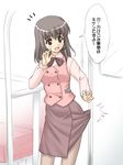  headset himemiya_nana masakichi_(crossroad) microphone office_lady pantyhose pencil_skirt skirt sliding_doors solo tetsudou_musume tobu_railway translated 