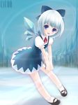  bangs blue_eyes blue_hair blunt_bangs bob_cut bow cirno dress holding leaning_forward mary_janes neck_ribbon ribbon shoes smile socks solo touhou town v_arms wings yori_(shitsuon) 