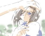  ;( artist_request blue_eyes blush brown_hair closed_mouth hands higurashi_no_naku_koro_ni looking_at_viewer lowres out_of_frame petting ryuuguu_rena short_hair solo_focus upper_body wince 