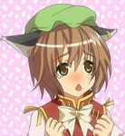  animal_ears bad_id bad_pixiv_id bow bowtie brown_hair cat_ears chen chestnut_mouth chinese_clothes hat hidari_(coletica) jewelry no_nose ribbon short_hair single_earring solo tears touhou 