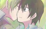  79inko blonde_hair brown_eyes brown_hair higurashi_no_naku_koro_ni houjou_satoshi kiss lowres maebara_keiichi male_focus multiple_boys whispering yaoi 