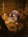  book bookshelf candle chair crescent cup geshopu hair_ribbon hat library mob_cap patchouli_knowledge purple_hair quill reading ribbon sitting solo table teacup teapot touhou voile 