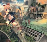  blonde_hair blue_eyes bow broom broom_riding cloud fantasy flying goggles john_hathway landscape original scenery shorts solo_focus watermark witch 