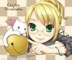  artist_request blonde_hair cat cecilia_(pangya) glasses green_eyes hair_bun pangya ribbon smile solo 