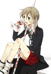  bad_id bad_pixiv_id blonde_hair blood boots flat_chest gloves green_eyes highres maka_albarn messy necktie niwa plaid plaid_skirt scythe skirt solo soul_eater stain twintails 