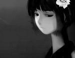  expressionless face flower futon_(kitsune_tsuki) greyscale hair_flower hair_ornament hieda_no_akyuu monochrome solo touhou 