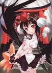  absurdres bangs black_hair black_wings fan hat hauchiwa highres looking_at_viewer multiple_torii non-web_source open_mouth red_eyes scan scan_artifacts shameimaru_aya smile solo torii touhou wings wrist_cuffs 