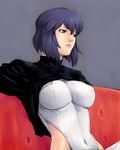  bangs black_jacket blue_hair bob_cut breasts closed_mouth couch covered_navel covered_nipples crop_top cropped_jacket from_side ghost_in_the_shell ghost_in_the_shell_stand_alone_complex hair_between_eyes highleg highleg_leotard impossible_clothes impossible_leotard indoors jacket kusanagi_motoko large_breasts leotard lips looking_to_the_side nakano_tomokazu on_couch open_clothes open_jacket purple_eyes short_hair sitting skin_tight solo thighhighs turtleneck upper_body white_legwear 