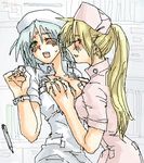  breast_grab cecil_harvey final_fantasy final_fantasy_iv genderswap genderswap_(mtf) grabbing lowres multiple_girls nurse oekaki rosa_farrell 