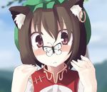  animal_ears blush brown_hair bug butterfly cat_ears chen duplicate earrings hat insect jewelry lowres short_hair solo takuzui touhou 