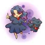  :d barefoot black_hair blue_hair blush_stickers brown_eyes child costume dress gen_2_pokemon ghost hitec index_finger_raised misdreavus moemon multicolored_hair open_mouth personification pink_eyes pokemon pokemon_(creature) purple_hair smile two-tone_hair v-shaped_eyebrows 