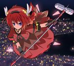  black_gloves blue_eyes braid building chu city city_lights flying full_body gloves graf_eisen hammer holding holding_weapon long_hair looking_at_viewer lyrical_nanoha mahou_shoujo_lyrical_nanoha mahou_shoujo_lyrical_nanoha_a's puffy_short_sleeves puffy_sleeves red_hair shore short_sleeves solo twin_braids very_long_hair vita weapon 