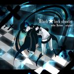  bad_id bad_pixiv_id black_hair black_rock_shooter black_rock_shooter_(character) blue_eyes cross latin_cross long_hair megu_(megu-milk) midriff shorts solo twintails 