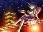  architecture bare_legs blonde_hair building chain crossed_legs cuffs cup east_asian_architecture faux_traditional_media former_capital gradient_hair horn hoshiguma_yuugi hyuuga_azuri long_hair multicolored_hair night night_sky oni pagoda red_eyes sakazuki sandals sitting sitting_on_roof skirt sky smile solo star_(sky) starry_sky touhou tower 