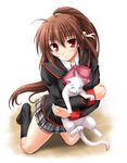  bell bow brown_hair cat hug kneeling lennon little_busters! long_hair miyai_sen natsume_rin pink_bow ponytail red_eyes school_uniform solo 