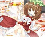  animal_ears bad_id bad_pixiv_id brown_hair cat_ears cat_tail chen china_dress chinese_clothes dress fish hat mouth_hold omiso_(omiso) ribbon short_hair solo tail touhou 