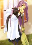  apron black_dress broom building dress frills full_body green_eyes hatoba head_tilt holding long_hair long_sleeves maid maid_headdress original outdoors purple_hair solo standing window 