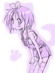  hiiragi_tsukasa lowres lucky_star mikami_komata monochrome overalls purple solo thighhighs 