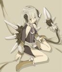  backpack bag bare_legs bare_shoulders beige_background black_diablos brown_eyes cr_dagger from_above full_body fur_trim horns leg_hug looking_afar monster_hunter personification pom_pom_(clothes) silver_hair simple_background sitting solo spikes wariza 