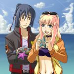  1girl :d blue_eyes blue_sky breasts choker cleavage cloud collarbone crossed_arms day holding horizon long_hair long_sleeves macross macross_frontier medium_breasts midriff navel ocean open_mouth outdoors pink_hair ponytail saotome_alto sheryl_nome sky smile star starfish stomach sunglasses unyon very_long_hair water 