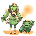  :d barefoot black_sclera blush_stickers cacnea child costume crown full_body gen_3_pokemon green_hair hat hitec moemon open_mouth personification pokemon pokemon_(creature) salute shadow simple_background sleeveless smile standing twintails 