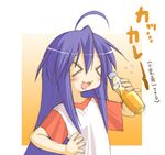  &gt;_&lt; :3 ahoge bottle closed_eyes hand_on_hip izumi_konata kasuga_yukihito long_hair lucky_star mole mole_under_eye pinky_out purple_hair solo x3 