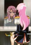  90s artist_request blue_eyes epaulettes mirror official_art pink_hair reflection shoujo_kakumei_utena solo sword tenjou_utena weapon 