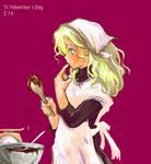  apron artist_request blonde_hair blue_eyes chocolate cooking final_fantasy final_fantasy_iv finger_in_mouth head_scarf lowres oekaki rosa_farrell simple_background solo valentine 