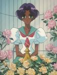  90s dark_skin flower green_eyes green_sailor_collar himemiya_anthy ootori_gakuen_school_uniform pink_flower pink_rose purple_hair rose sailor_collar screencap shoujo_kakumei_utena solo yellow_flower yellow_rose 