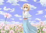  alice_margatroid blonde_hair blue_eyes cloud cosmos_(flower) day flower hairband outdoors short_hair sky snowdust_(pixiv) solo touhou 