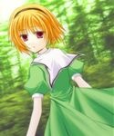  artist_request blonde_hair day dutch_angle forest hairband higurashi_no_naku_koro_ni houjou_satoko looking_at_viewer lowres nature outdoors plant puffy_short_sleeves puffy_sleeves red_eyes sailor_collar short_sleeves solo tree 