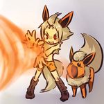  :d animal_ears blush_stickers boots brown_hair costume fire flareon forehead fox_ears gen_1_pokemon high_ponytail hitec moemon open_mouth personification pointy_hair pokemon pokemon_(creature) red_eyes shorts smile tail v-shaped_eyebrows 